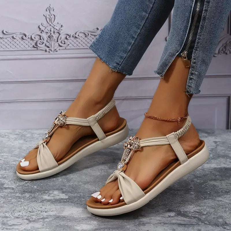 Sandalias T-Strap Mujer – Lazo Decorativo & Detalles Brillantes