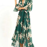 Vestido Largo Asimétrico con Estampado Floral y Volantes