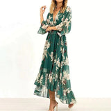 Vestido Largo Asimétrico con Estampado Floral y Volantes