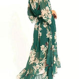 Vestido Largo Asimétrico con Estampado Floral y Volantes