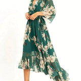Vestido Largo Asimétrico con Estampado Floral y Volantes