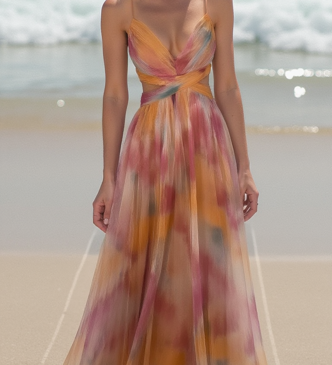 Vestido Largo Vaporoso con Tirantes Finos y Estampado Acuarela