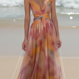 Vestido Largo Vaporoso con Tirantes Finos y Estampado Acuarela