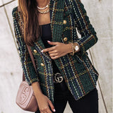 Blazer de Cuadros Texturizado con Botones Dorados para Mujer