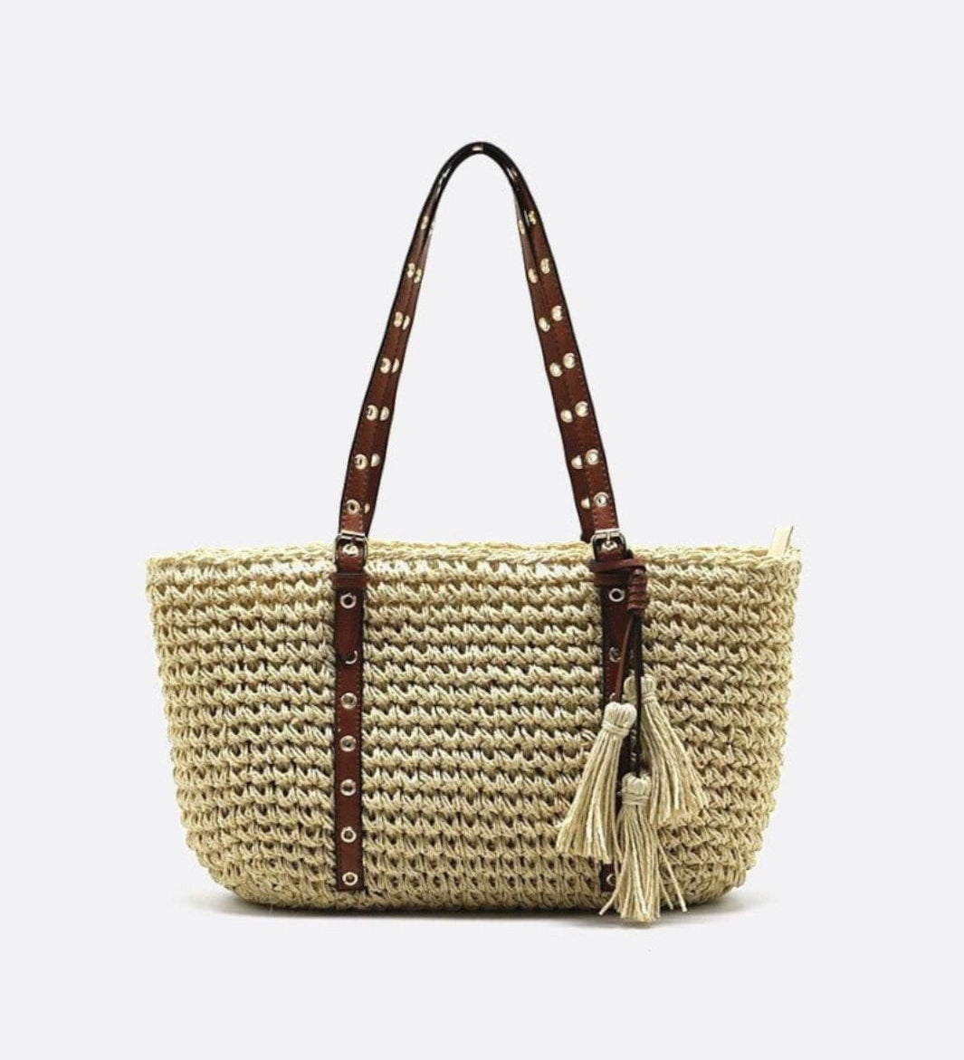 Bolso Cesta de Paja con Asas de Piel Sintética y Borlas