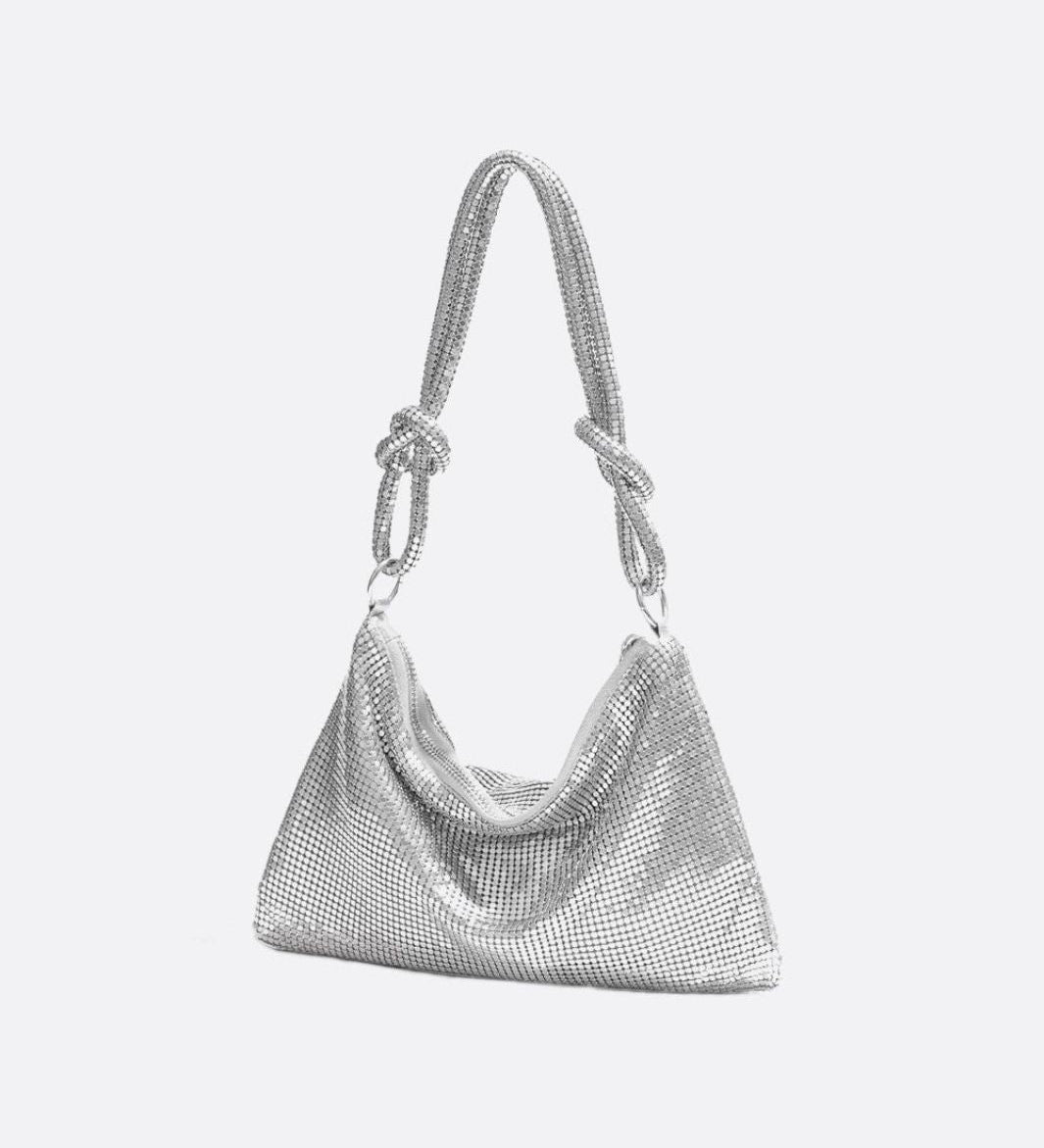 Bolso de fiesta dorado pequeño con asa nudo – estilo moderno y brillante