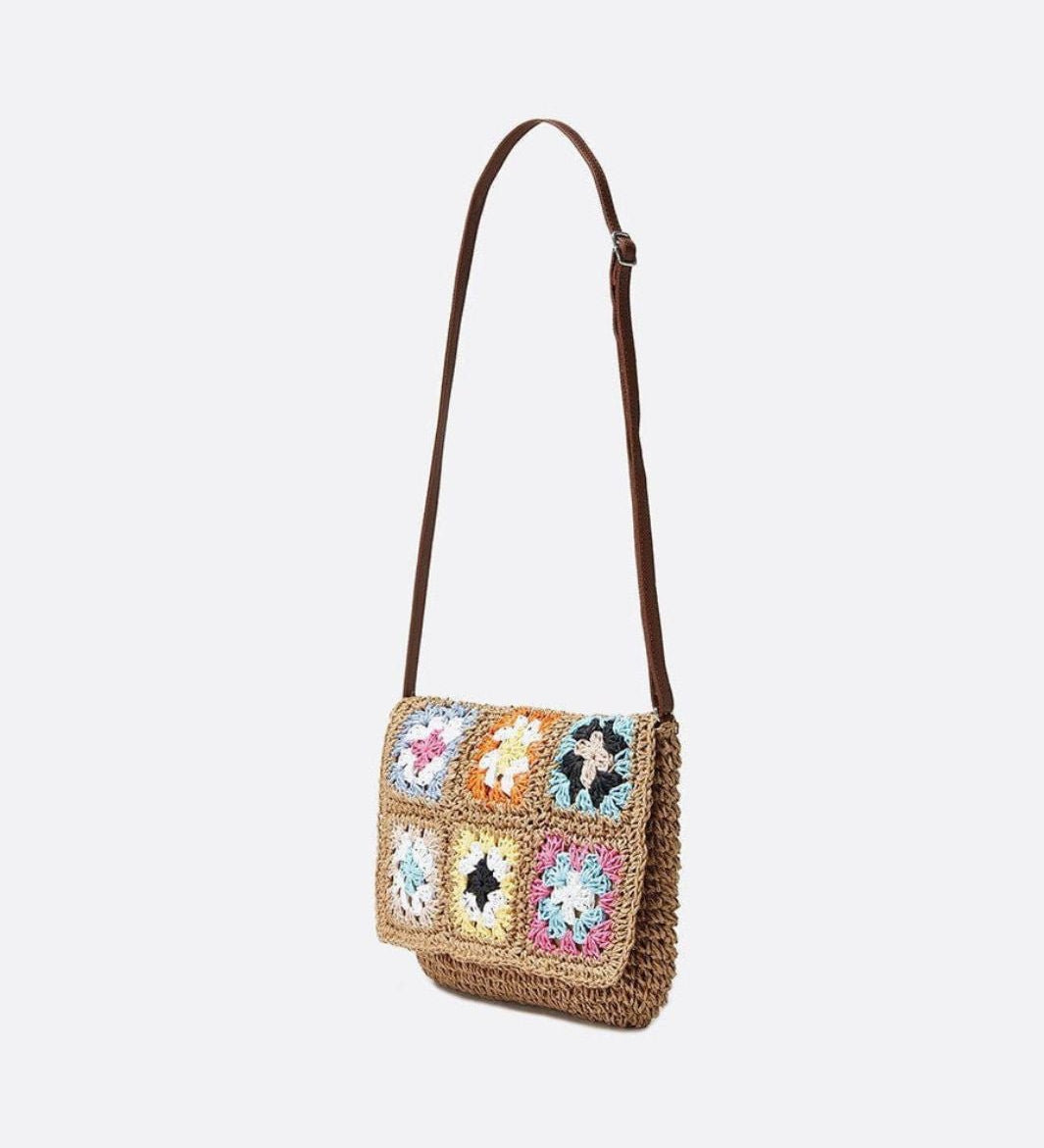 Bolso Bandolera de Paja y Crochet con Cuadros de Colores