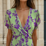 Vestido Midi Estampado Floral Verde y Morado – Elegancia Atemporal