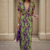 Vestido Midi Estampado Floral Verde y Morado – Elegancia Atemporal