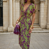 Vestido Midi Estampado Floral Verde y Morado – Elegancia Atemporal