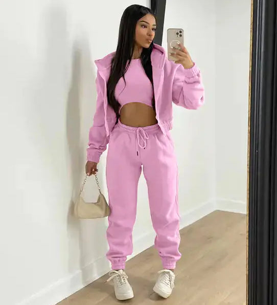 Three-Piece Loungewear Set with Cropped Hoodie, Bralette and Joggers
