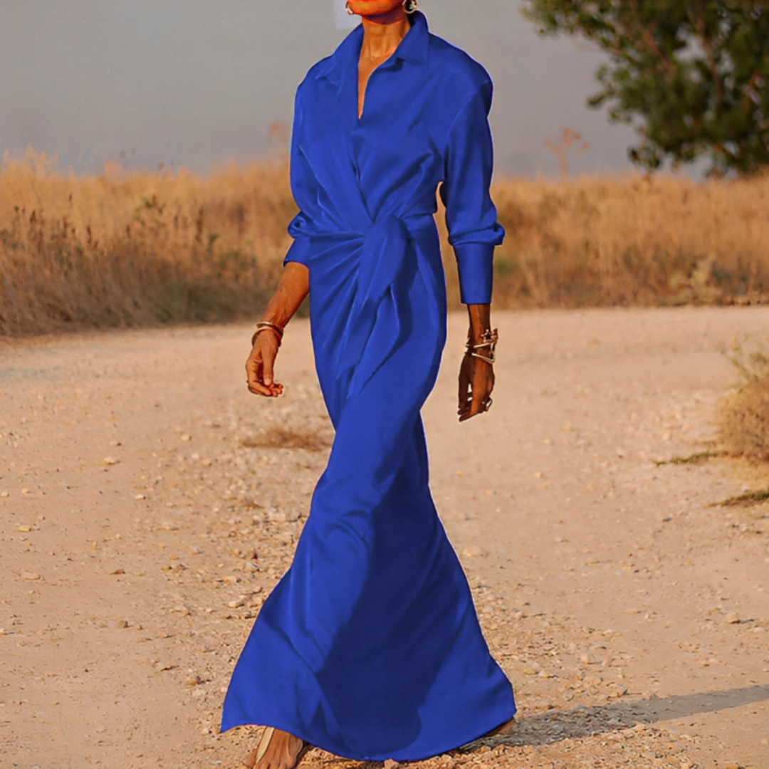 Vestido Largo con Drapeado Elegante – Estilo Sofisticado con Abertura